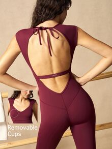 VARSIVA Women Solid Color Sleeveless Backless Fitted Sports Activewear Jumpsuit - Red - View 3