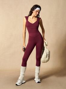 VARSIVA Women Solid Color Sleeveless Backless Fitted Sports Activewear Jumpsuit - Red - View 5