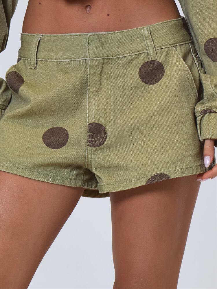MUSERA Polka Dot Mid Rise Denim Shorts Fall Autumn Winter Coolgirl Back To School Holiday Fudge - Brown - View 2