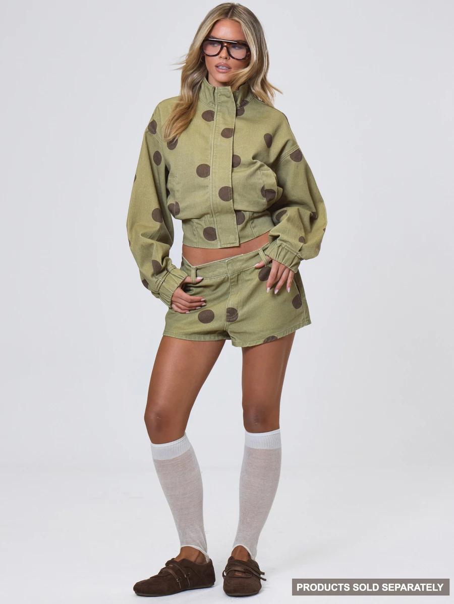 MUSERA Polka Dot Mid Rise Denim Shorts Fall Autumn Winter Coolgirl Back To School Holiday Fudge - Brown - View 1