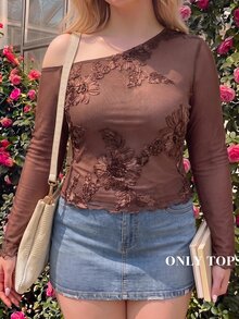 SHEIN MOD ملابس علوية نسائية أنيقة بمقاس كبير مزينة بالخرز والتطريز بياقة غير متماثلة وأكمام طويلة، مناسبة للحفلات والتجمعات والارتداء اليومي، لون بني خريفي - بني - مشاهدة 7