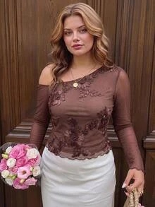 SHEIN MOD ملابس علوية نسائية أنيقة بمقاس كبير مزينة بالخرز والتطريز بياقة غير متماثلة وأكمام طويلة، مناسبة للحفلات والتجمعات والارتداء اليومي، لون بني خريفي - بني - مشاهدة 8