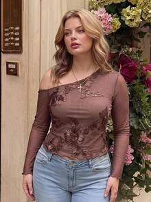 SHEIN MOD ملابس علوية نسائية أنيقة بمقاس كبير مزينة بالخرز والتطريز بياقة غير متماثلة وأكمام طويلة، مناسبة للحفلات والتجمعات والارتداء اليومي، لون بني خريفي - بني - مشاهدة 9