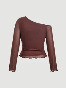 SHEIN MOD ملابس علوية نسائية أنيقة بمقاس كبير مزينة بالخرز والتطريز بياقة غير متماثلة وأكمام طويلة، مناسبة للحفلات والتجمعات والارتداء اليومي، لون بني خريفي - بني - مشاهدة 3