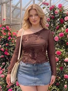 SHEIN MOD ملابس علوية نسائية أنيقة بمقاس كبير مزينة بالخرز والتطريز بياقة غير متماثلة وأكمام طويلة، مناسبة للحفلات والتجمعات والارتداء اليومي، لون بني خريفي - بني - مشاهدة 6