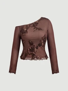 SHEIN MOD ملابس علوية نسائية أنيقة بمقاس كبير مزينة بالخرز والتطريز بياقة غير متماثلة وأكمام طويلة، مناسبة للحفلات والتجمعات والارتداء اليومي، لون بني خريفي - بني - مشاهدة 2