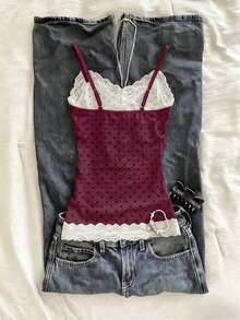 IslaSuriya Women's Lace Patchwork Polka Dot Casual Versatile Daily Wear Camisole Tank Top - Burgundy - View 2