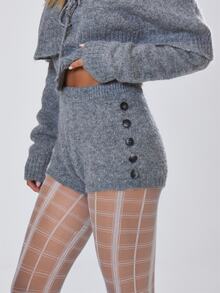 MUSERA Heather Grey Fluffy Knitwear High Rise Fit Mini Length Knit Shorts Fall Autumn Winter Coolgirl Back To School Holiday Fudge - Grey - View 2