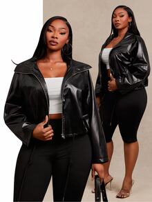 SHEIN SXY Plus Size Women's Black PU Loose Cropped Puffy Jacket - Black - View 5