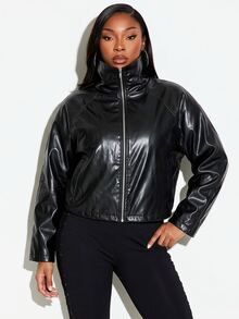 SHEIN SXY Plus Size Women's Black PU Loose Cropped Puffy Jacket - Black - View 2
