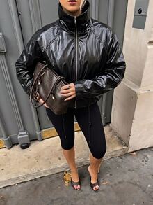 SHEIN SXY Plus Size Women's Black PU Loose Cropped Puffy Jacket - Black - View 3