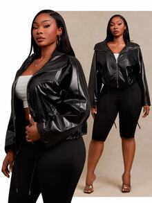 SHEIN SXY Plus Size Women's Black PU Loose Cropped Puffy Jacket - Black - View 4
