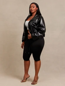 SHEIN SXY Plus Size Women's Black PU Loose Cropped Puffy Jacket - Black - View 9