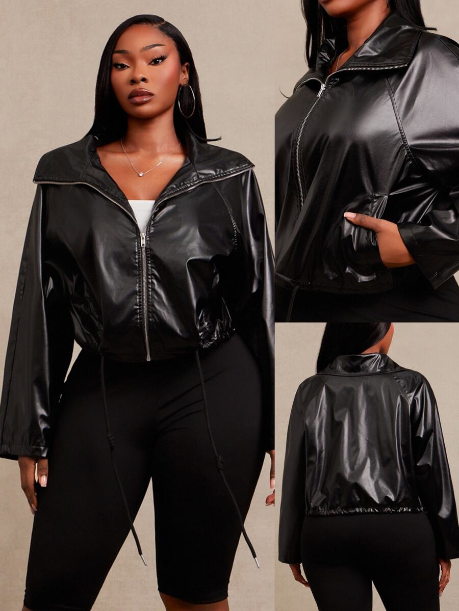 SHEIN SXY Plus Size Women's Black PU Loose Cropped Puffy Jacket - Black - View 1