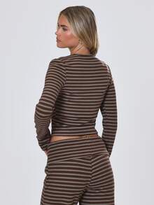 MUSERA Brown Stripe Button Up Crew Neck Long Sleeve Top Fall Autumn Winter Coolgirl Back To School Holiday Fudge - Brown - View 4