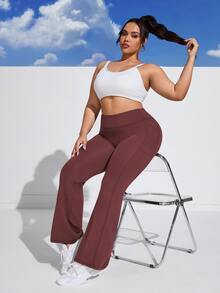 SHEIN Unity Plus Size High Waist Side Pocket Flare Leg Sports Pants Yoga With Pockets Bootcut Leggings Workout Boot Cut Gym Clothes Women - Burgundy - View 8