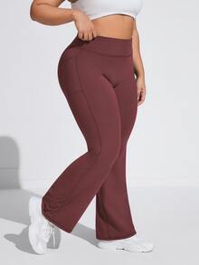 SHEIN Unity Plus Size High Waist Side Pocket Flare Leg Sports Pants Yoga With Pockets Bootcut Leggings Workout Boot Cut Gym Clothes Women - Burgundy - View 5