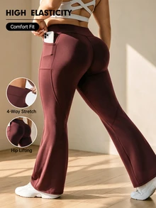 SHEIN Unity Plus Size High Waist Side Pocket Flare Leg Sports Pants Yoga With Pockets Bootcut Leggings Workout Boot Cut Gym Clothes Women - Burgundy - View 2