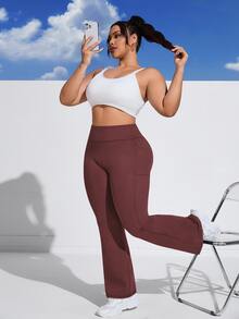 SHEIN Unity Plus Size High Waist Side Pocket Flare Leg Sports Pants Yoga With Pockets Bootcut Leggings Workout Boot Cut Gym Clothes Women - Burgundy - View 6
