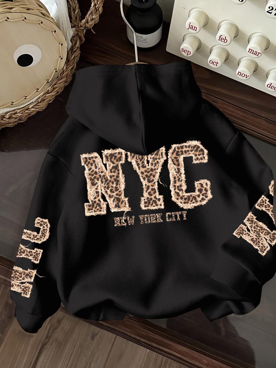 Comfortcana 休閒極簡風 NYC 豹紋英文字母連帽衛衣,適合秋冬穿著 - 彩色 - 查看 1