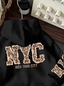Comfortcana 休閒極簡風 NYC 豹紋英文字母連帽衛衣，適合秋冬穿著 - 彩色 - 查看 3