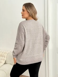 SHEIN CURVE+ Plus Size Women Solid Color Casual Versatile Daily Wear Long Sleeve Sweater - Apricot - View 2