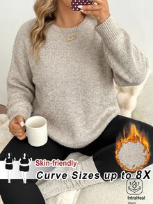 SHEIN CURVE+ Plus Size Women Solid Color Casual Versatile Daily Wear Long Sleeve Sweater - Apricot - View 1