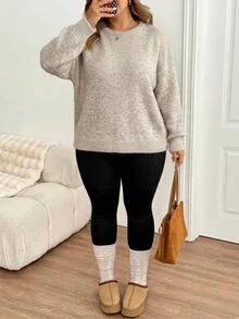 SHEIN CURVE+ Plus Size Women Solid Color Casual Versatile Daily Wear Long Sleeve Sweater - Apricot - View 4