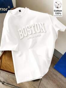 Lonveris Men's White 100% Cotton Fitted T-Shirt, 3D Boston Graphic Design - White - View 1