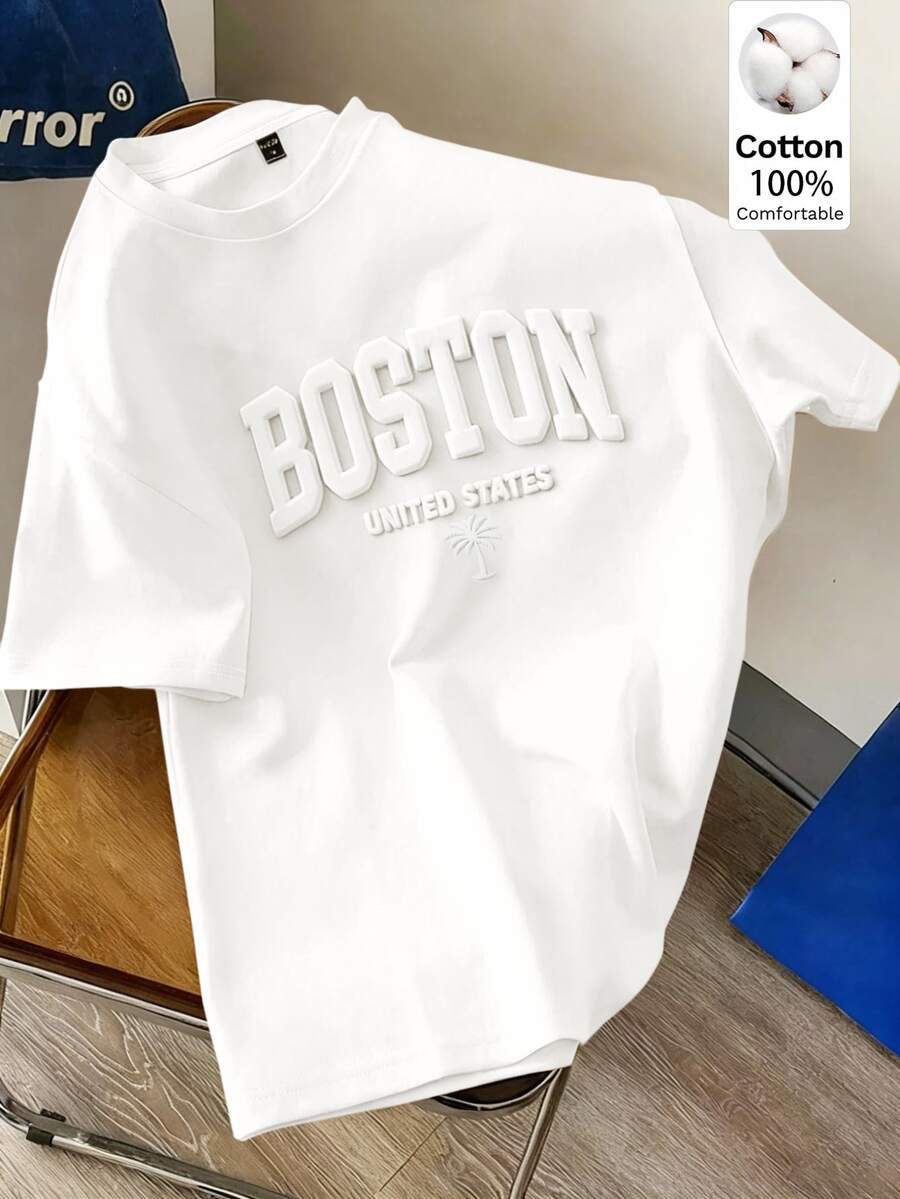 Lonveris Men's White 100% Cotton Fitted T-Shirt, 3D Boston Graphic Design - White - View 1