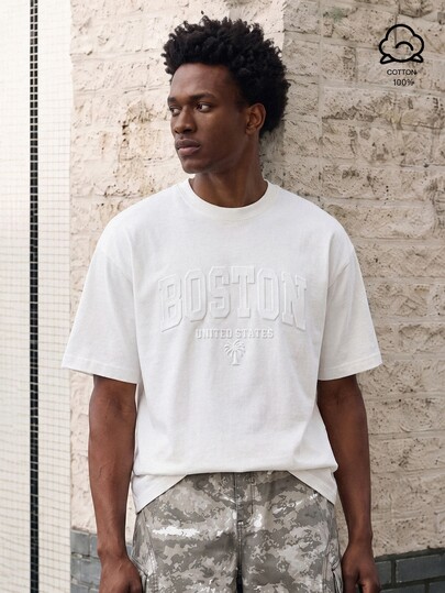 Daypath Men's White 100% Cotton Fitted T-Shirt, 3D Boston Graphic Design