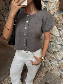 Airaco Women's Solid Color Single-Breasted Casual French Versatile Daily Everyday Day Time Knit Top Taupe Summer - Grey - View 8