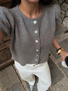 Airaco Women's Solid Color Single-Breasted Casual French Versatile Daily Everyday Day Time Knit Top Taupe Summer - Grey - View 3