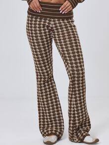 MUSERA Houndstooth Fold Over Waistband Flare Leg Pants Fall Winter Cute Casual Streetwear Preppy Fudge Everyday Going Out Brown - Multicolor - View 2