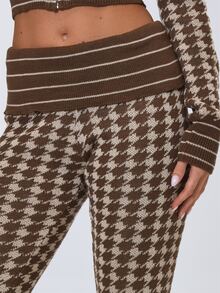 MUSERA Houndstooth Fold Over Waistband Flare Leg Pants Fall Winter Cute Casual Streetwear Preppy Fudge Everyday Going Out Brown - Multicolor - View 5
