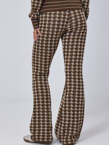 MUSERA Houndstooth Fold Over Waistband Flare Leg Pants Fall Winter Cute Casual Streetwear Preppy Fudge Everyday Going Out Brown - Multicolor - View 4