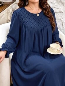 Al Najma Gaun Arab Wanita Ukuran Besar, Kasual Minimalis, Warna Polos, Lipit, Motif Geometris, Patchwork, Leher Bulat, Lengan Panjang, Potongan Longgar, Pas Badan, Musim Semi dan Gugur - Navy Blue - View 1