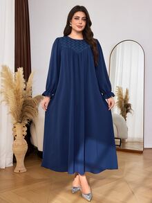 Al Najma Gaun Arab Wanita Ukuran Besar, Kasual Minimalis, Warna Polos, Lipit, Motif Geometris, Patchwork, Leher Bulat, Lengan Panjang, Potongan Longgar, Pas Badan, Musim Semi dan Gugur - Navy Blue - View 4