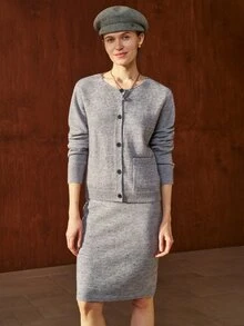 Airaco Women's Solid Color Long Sleeve Knitted Cardigan And Knitted A-Line Skirt Casual 2-Piece Set, Autumn/Winter - Dusty Purple - View 3