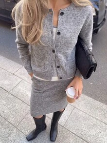Airaco Women's Solid Color Long Sleeve Knitted Cardigan And Knitted A-Line Skirt Casual 2-Piece Set, Autumn/Winter - Dusty Purple - View 1