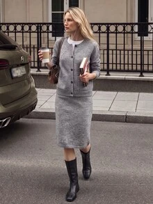 Airaco Women's Solid Color Long Sleeve Knitted Cardigan And Knitted A-Line Skirt Casual 2-Piece Set, Autumn/Winter - Dusty Purple - View 2