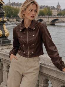 Pimkie Edition Jaket Pendek Bergaya Vintage untuk Musim Gugur - Coffee Brown - View 1