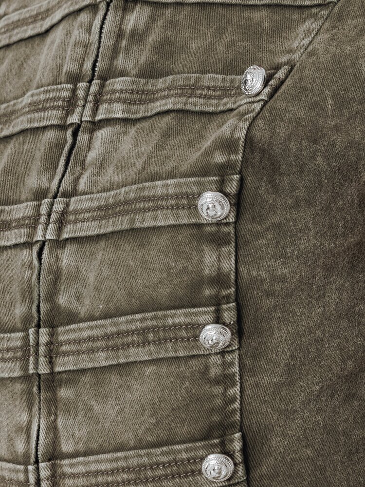Pimkie Edition Women's Fashion Denim Top With Zipper Placket, Stand Collar And Cap Sleeves - Olive Green - View 6