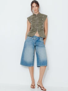 Pimkie Edition Women's Fashion Denim Top With Zipper Placket, Stand Collar And Cap Sleeves - Olive Green - View 5