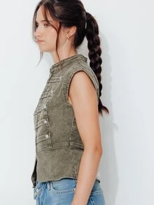 Pimkie Edition Women's Fashion Denim Top With Zipper Placket, Stand Collar And Cap Sleeves - Olive Green - View 4