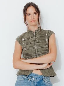 Pimkie Edition Women's Fashion Denim Top With Zipper Placket, Stand Collar And Cap Sleeves - Olive Green - View 3