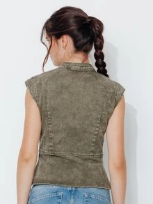 Pimkie Edition Women's Fashion Denim Top With Zipper Placket, Stand Collar And Cap Sleeves - Olive Green - View 2