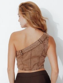 Pimkie Edition Women's One Shoulder Sleeveless Cropped Fashion Denim Top - Coffee Brown - View 2