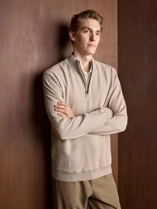 Manfinity CityGents Sweater Rajut Setengah Resleting Motif Tekstur Pria Gaya Klasik, Pullover Lengan Panjang, Gaya Unisex Musim Gugur/Dingin, Pakaian Pasangan, Hadiah Liburan Terbaik - Krem - View 6