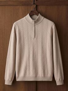 Manfinity CityGents Sweater Rajut Setengah Resleting Motif Tekstur Pria Gaya Klasik, Pullover Lengan Panjang, Gaya Unisex Musim Gugur/Dingin, Pakaian Pasangan, Hadiah Liburan Terbaik - Krem - View 1
